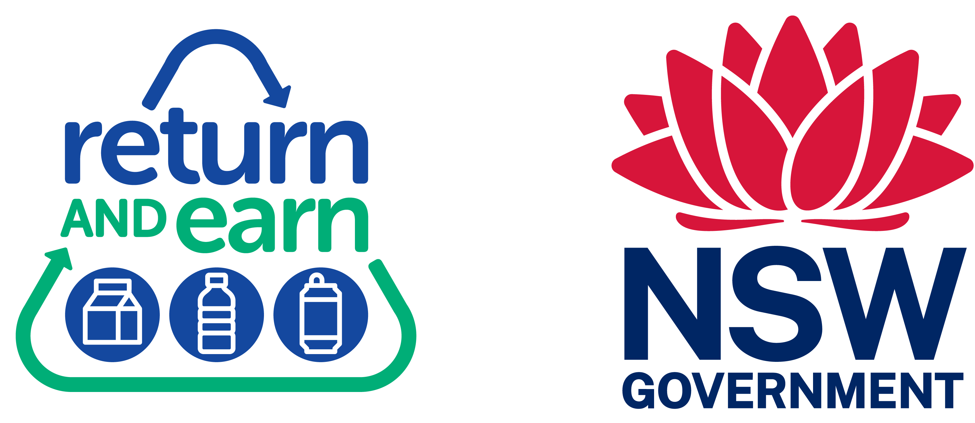 Home - Return and earn Logo and NSW Government logo